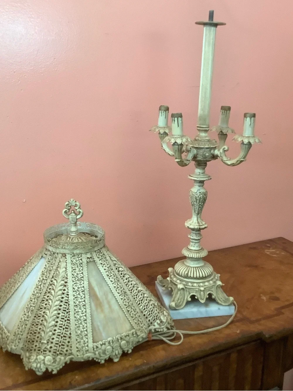 Vintage Italian 4-Light Candelabra Table Lamp Filigree Shade Carrara Marble 28”